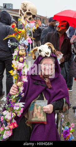 Detroit, Michigan - The Marche du Nain Rouge celebrates the coming of spring and banishes the Nain Rouge (Red Dwarf) from the city. Legend dating from Stock Photo