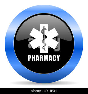 Pharmacy black and blue web design round internet icon with shadow on white background. Stock Photo