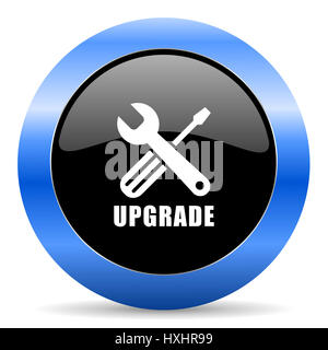 Upgrade black and blue web design round internet icon with shadow on white background. Stock Photo