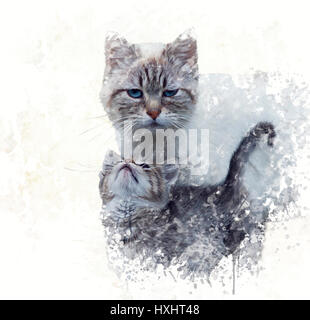 Digital Painting of  Mother Cat with its Kitten Stock Photo