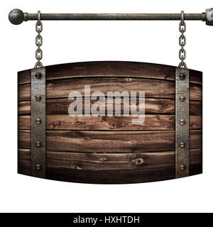 Wooden barrel medieval signboard hanging on chains isolated 3d illustration Stock Photo