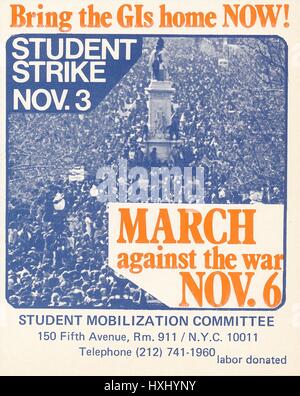 A Vietnam War era leaflet from the Student Mobilization Committee titled 'Bring the GIs home NOW!' advocating a student strike and a march, 1969. Stock Photo
