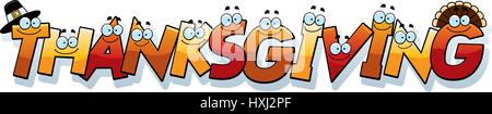 A cartoon illustration of the word Thanksgiving with a Thanksgiving theme. Stock Vector