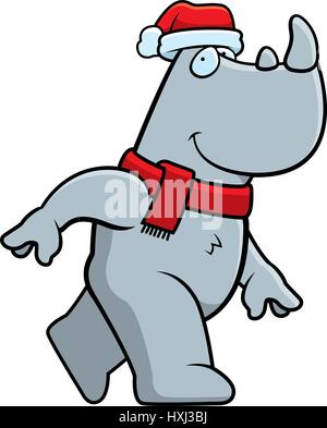 A cartoon illustration of a rhino with a Christmas hat and scarf on. Stock Vector