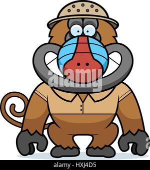A cartoon illustration of a baboon in a safari outfit and pith. Stock Vector