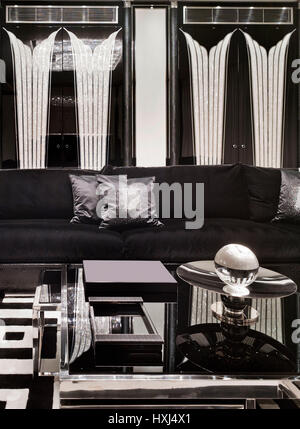 Black and white lounge area in a luxury apartment in London Stock Photo