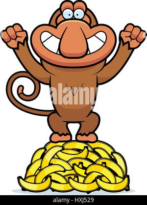 A cartoon illustration of a proboscis monkey on a pile of bananas. Stock Vector