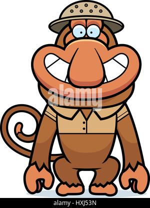 A cartoon illustration of a proboscis monkey in a safari outfit and pith. Stock Vector