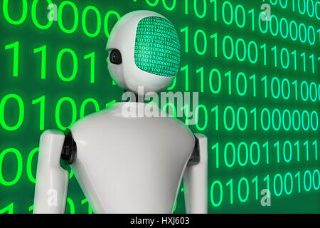 A modern robot displaying a binary code Stock Photo