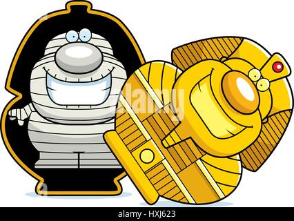A cartoon illustration of a mummy in a sarcophagus. Stock Vector