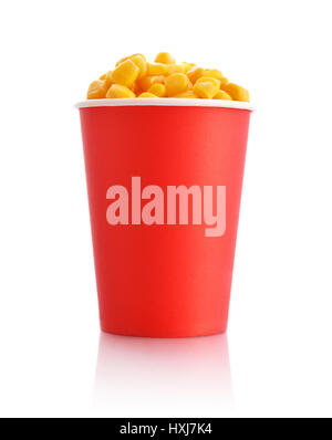 Boiled corn kernels in red paper cup isolated on white Stock Photo