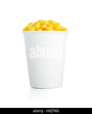 Boiled corn kernels in white paper cups isolated on white Stock Photo