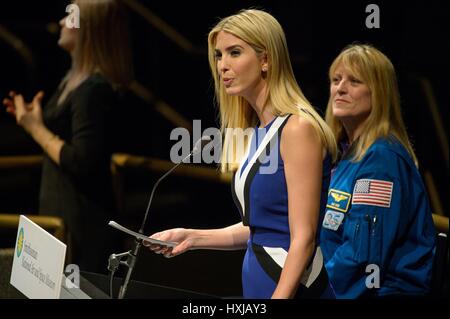 Washington, USA. 28th Mar, 2017. Ivanka Trump, daughter of U.S. President Donald Trump, delivers remarks during the women's history month celebration, getting excited about the STEM event at the Smithsonian National Air and Space Museum March 28, 2017 in Washington, DC. Credit: Planetpix/Alamy Live News Stock Photo