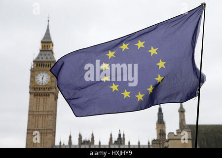 London, UK. 29th Mar, 2017. An EU flag is seen outside the the Houses of Parliament in London, Britain on March 29, 2017. Britain on Wednesday officially started the historic process to leave the European Union (EU) as the letter signed by Prime Minister Theresa May was sent to leaders of the 28-member bloc. Credit: Tim Ireland/Xinhua/Alamy Live News Stock Photo