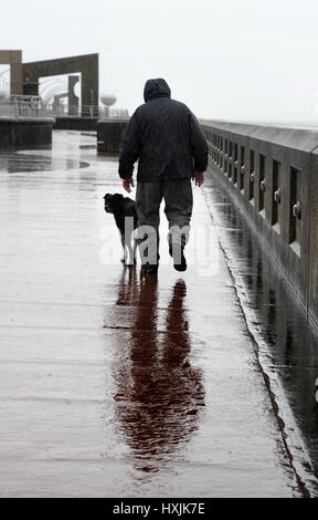 Blackpool, UK. 29th March 2017. Miserable wet weather for dog walkers on the Promenade, Blackpool, Lancashire. Picture by Paul Heyes, Wednesday March 29, 2017. Credit: Paul Heyes/Alamy Live News Stock Photo