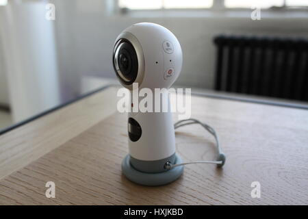 London, UK. 28th Mar, 2017. A new version of the 360-degree camera Samsung Gear 360 seen during a preview in London, England, 28 March 2017. Samsung presented its new flagship smartphone Galaxy S8 in London, England, and New York, USA, on 29 March 2017. Photo: Philip Dethlefs/dpa/Alamy Live News Stock Photo