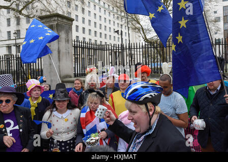 London, UK.  29 March 2017.  A Boris Johnson lookalike joins Pro-Europe demonstrators staging a protest outside the Downing Street.  Today, is the day that Article 50 is formally triggered, with a handwritten letter bearing the Prime Minister's signature being delivered to the European Union today.  Credit: Stephen Chung / Alamy Live News Stock Photo