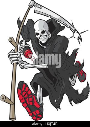 Vector cartoon clip art illustration of a Grim Reaper or Angel of Death running forward toward the viewer with a scythe, athletic shoes and a water bo Stock Vector