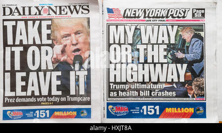 Headlines of New York newspapers on Friday, March 24, 2017 report on President Donald Trump's ultimatum to Congress to pass the GOP healthcare bill, Trumpcare. (© Richard B. Levine) Stock Photo