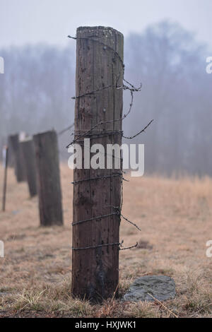 close up of fence post with barbed wire Stock Photo