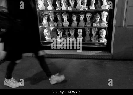 Showcase with mannequin heads Stock Photo