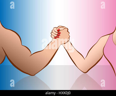Arm wrestling of woman and man as a symbol for gender showdown. Illustration on pink and blue gradient. Stock Photo