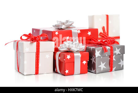 Gift boxes with ribbons isolated on white background Stock Photo