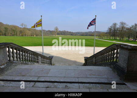 The of the parkland from the entrance of Lulworth castle on a spring afternoon in March. Stock Photo