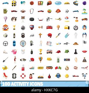 100 active icons set, cartoon style Stock Vector