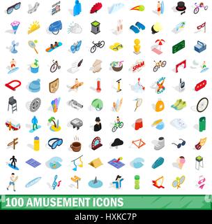 100 amusement icons set, isometric 3d style Stock Vector