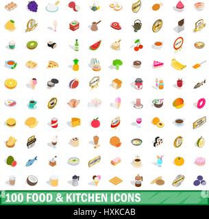 100 food and kitchen icons set, isometric 3d style Stock Vector