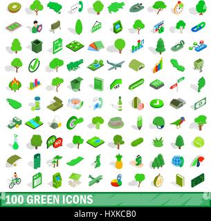 100 green icons set, isometric 3d style Stock Vector