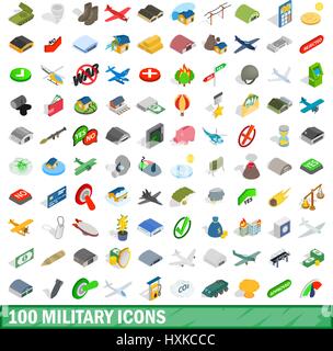 100 military icons set, isometric 3d style Stock Vector