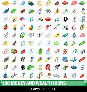 100 money wealth icons set, isometric 3d style Stock Vector