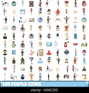 100 people icons set, cartoon style Stock Vector