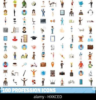 100 profession icons set, cartoon style Stock Vector