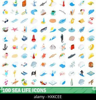 100 sea life icons set, isometric 3d style Stock Vector