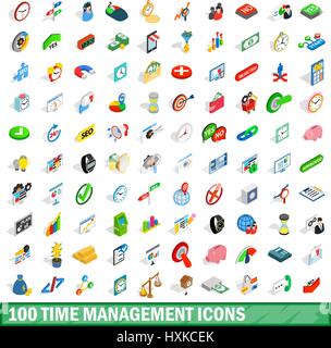 100 time management icons set, isometric 3d style Stock Vector