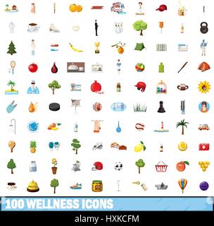 100 wellness icons set, cartoon style Stock Vector