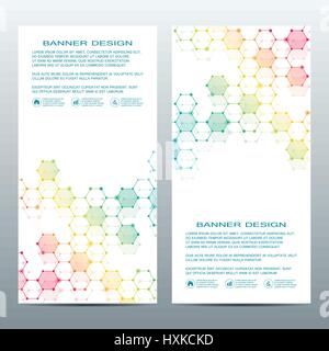 2 of modern vertical scientific banners. Molecular structure of DNA and neurons. Geometric abstract background. Medicine, science, technology, business and website templates. Vector illustration Stock Vector