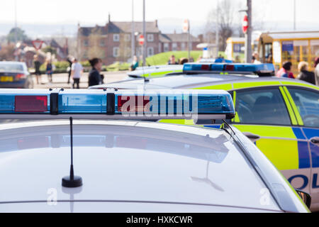 Light bars on unidentified British police vehicles attending an incident in Chester city centre Stock Photo