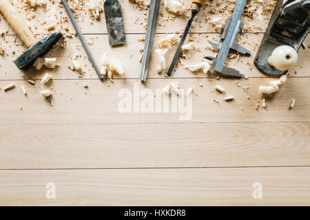 Woodworking tools on wooden table Stock Photo