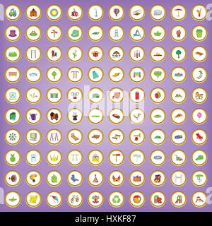100 amusement park icons set in cartoon style Stock Vector