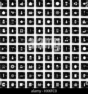 100 beverage icons set, grunge style Stock Vector