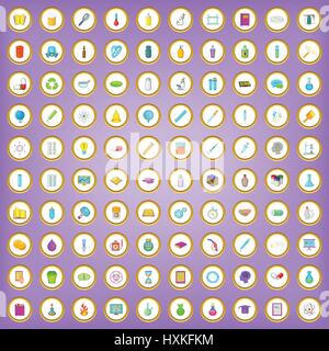 100 chemistry icons set in cartoon style Stock Vector