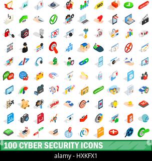 100 cyber security icons set, isometric 3d style Stock Vector