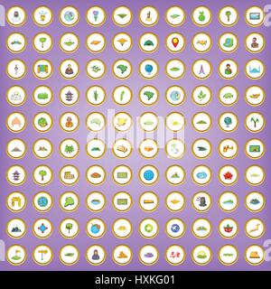 100 earth icons set in cartoon style Stock Vector