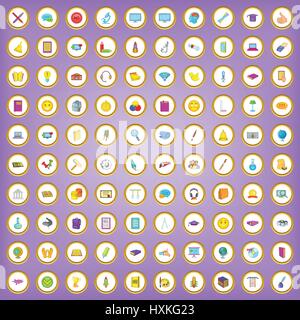 100 e-learning icons set in cartoon style Stock Vector