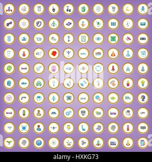 100 future technology icons set in cartoon style Stock Vector