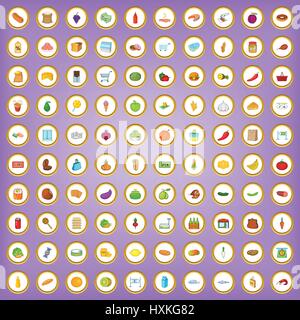100 grocery shopping icons set in cartoon style Stock Vector